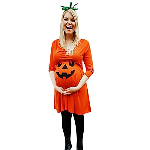 BOTCAM Pompoen Halloween zwangerschap borstvoeding moederkleding vrouwen jurken zwangerschapsmode zwangerschapsjurk lange mouwen jurken voor dames, oranje, M