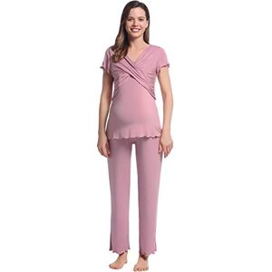 Amorbella Women Breastfeeding Sleeping Set Short Sleeve Top Long Pants Cool Rayon Moisture Wicking Maternity Nursing Pregnancy Labor Postpartum PJs (Dusty Pink, XL)