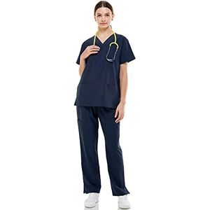 MEDPIA Women's Medical Uniform Set – 4 Way Stretch 8 Pockets V-Neck Top Shirts Drawstring Elastic Waist Pants Nursing - blue - XX-Small