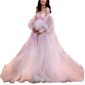 AeasyG Maternity wear pink mesh off-the-shoulder maternity dress for taking pictures Ladies Puff Sleeves Dreamy Flowy Long Skirt
