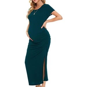 Smallshow Women's Split Long Maternity Dress Ruched Short Sleeve Maternity Clothes Teal XL