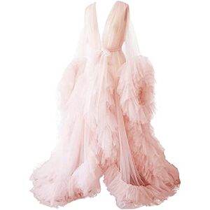 KURFACE Tulle Robe Dress for Women Long Puffy Sleeves Lingerie Dressing Gown Robes for Maternity Photoshoot Blush UK16