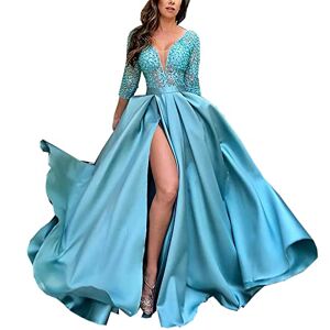 Generic Formal Evening Dress Lace Sequin Maxi Dress Swing Long Sleeve Party Evening Dress Spring and Summer Women's Clothing,light blue,2XL