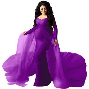 Maternity Photoshoot Dress Women Elegant Long Sleeve Off The Shoulder Fall Fitted Pregnancy Tulle Chiffon Wedding Beach Maxi Mermaid Long Gown Baby Shower Dress Photography Plus Size Purple XL