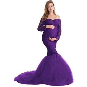 MYRISAM Pregnant Women Long Sleeve Lace Mermaid Tulle Dress Off-Shoulder Sweetheart Maternity Photo Shoot Gown w/Train Deep Purple L