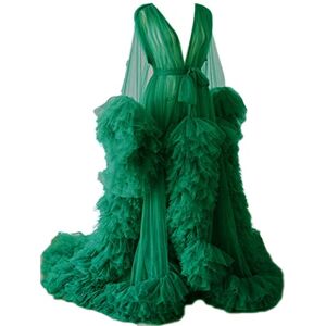 KURFACE Tulle Robe Dress for Women Long Puffy Sleeves Lingerie Dressing Gown Robes for Maternity Photoshoot Dark Green UK18