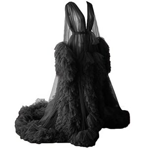 KURFACE Tulle Robe Dress for Women Long Puffy Sleeves Lingerie Dressing Gown Robes for Maternity Photoshoot Black UK12
