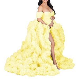 KURFACE Off Shoulder Puffy Tulle Robe Bridal Dressing Gown Sheer Maternity Dress for Photoshoot Prom Gown Yellow XXL