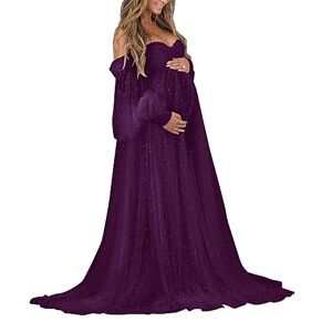WSEYU Pearl Maternity Dress for Photoshoot Tulle Long Puffy Sleeve Off Shoulder Babyshower Bridal Pregnancy Gowns Plum UK10