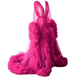KURFACE Tulle Robe Dress for Women Long Puffy Sleeves Lingerie Dressing Gown Robes for Maternity Photoshoot Fuchsia UK14
