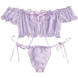 Générique Cute Off-Shouder Lace Pajamas Sleepwear Set Bowknot Women Embroidery Lingerie Briefs Disposable Maternity Size S, purple, M