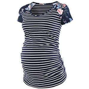 Generic Women Maternity Crew Neck Short Sleeve Floral Printed Ruched Side T Shirt Tops Pregnancy Basic Tee Shirt Blouse Maternity Pants with Pockets Navy