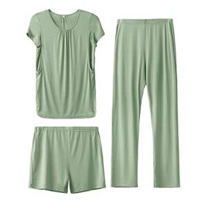 SUNNYBUY Women's Maternity Nursing Pyjamas Set, Short Sleeve Breastfeeding Shirts，Pregnancy Shorts & Pants 3 Piece Maternity Clothes Nightwear, Greyish-green S