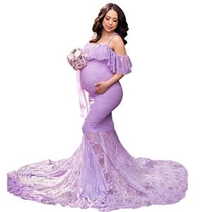 MYRISAM Women Maternity Lace Mermaid Gown Off Shoulder Ruffle Slim Fitted Photo Shoot Wedding Party Prom Baby Shower Dress Lavender S