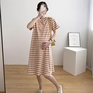 Zerodis Casual Shirt Dress, Fashionable Short Sleeve Medium Length Pregnant Dress for Summer for Pregnant Women (Orange Pink L)