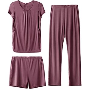 SUNNYBUY Women's Maternity Nursing Pyjamas Set, Short Sleeve Breastfeeding Shirts，Pregnancy Shorts & Pants 3 Piece Maternity Clothes Nightwear, Burgundy 2XL