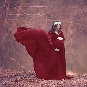 FUSSEM Maternity Photoshoot Dresses for Women Loose Flowy Tulle Pregnancy Clothing Gown Pregnant Women's Maxi Photography Elegant Long Dresses-Red L