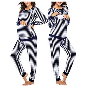 Baohooya Striped Maternity Nursing Pajamas Set, Labour Pregnant Women Pyjamas Hospital Sleepwear Long Sleeve Breastfeeding Top Bottoms Pants Nightwear Pjs Nightgown Pregnancy Clothes Suit (M, Navy)