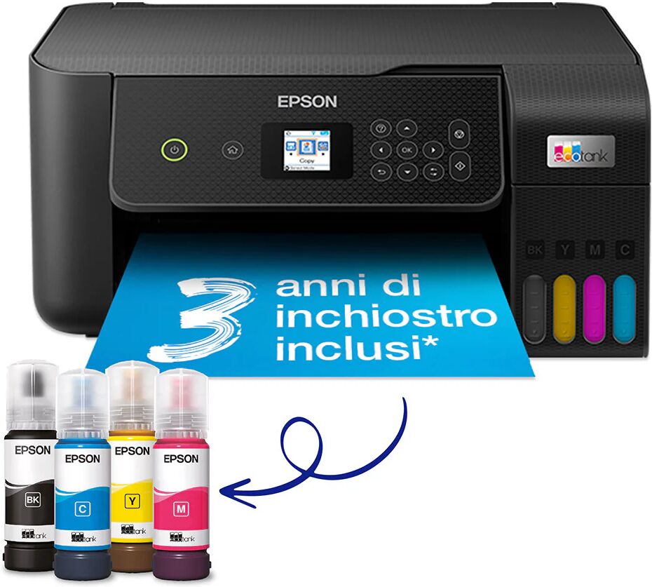 Epson EcoTank ET-2821 stampante multifunzione inkjet 3-in-1 A4, serbatoi ricaricabili alta capacità, 4 flaconi inclusi pari a 3600pag B/N 6500pag colore, Wi-FI Direct, USB