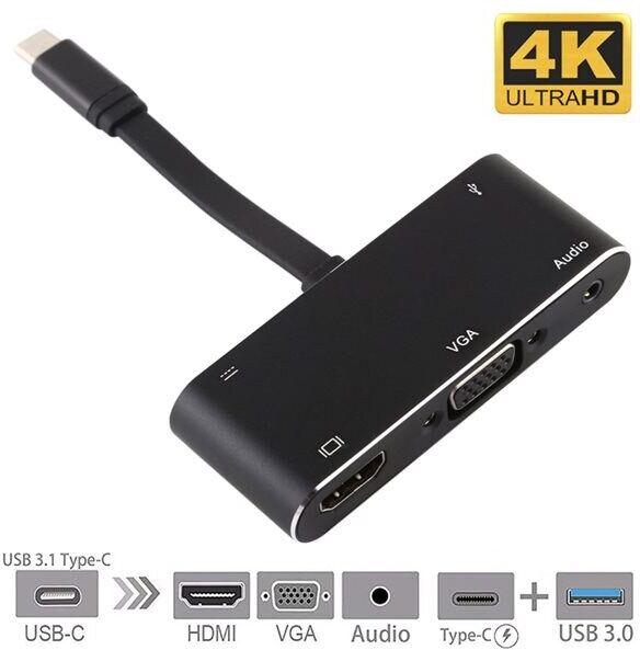 24hshop 3 i 1 USB-Type-C til PD + HDMI + VGA + Audio + USB 3.0 Hunn