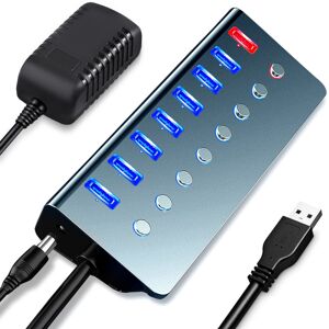 Strømdrevet USB-hub, 7-ports USB-hub med strømforsyning 3.0   Multi USB-port-ekspander med tænd/sluk-knapper og 5V/3A-strømadapter til bærbar computer, MacBook, Mac Pro