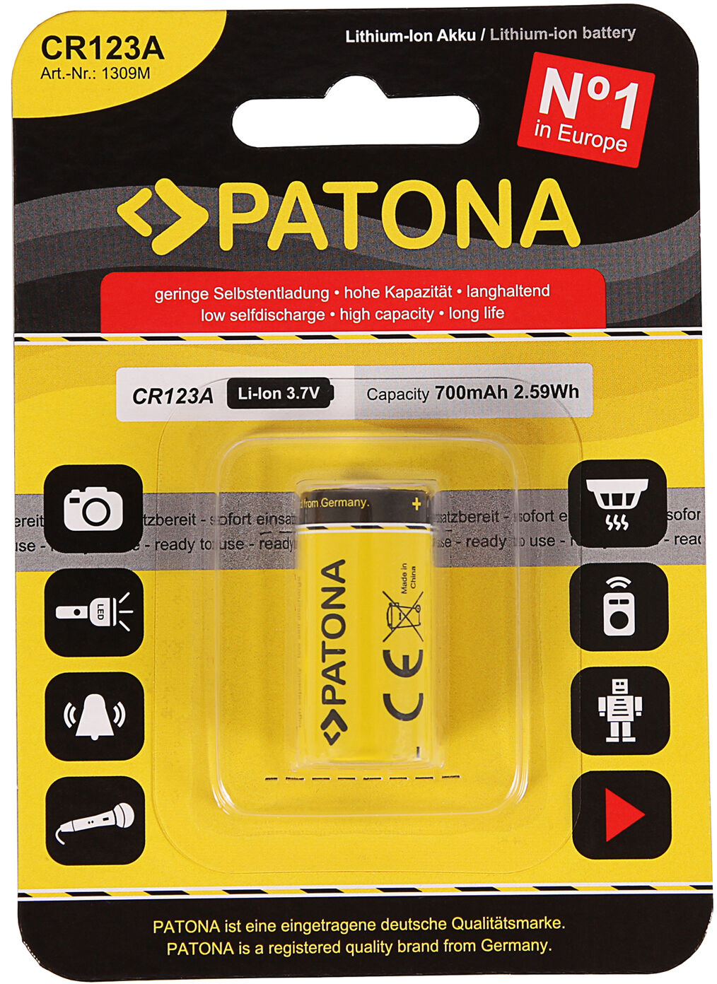 PATONA Pilha Recarreg�vel CR123A 700mAh 3.7V 2.59Wh