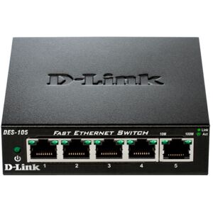 DLINK D-Link DES-105 - Netzwerk-Switch mit 5-Port LAN Fast Ethernet 10/100 Mbps RJ-45, unverwaltbar Layer 2, Metallgehäuse, Farbe schwarz