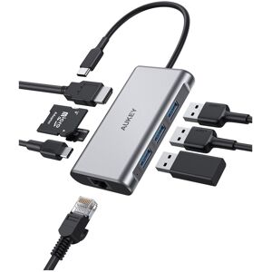 AUKEY CB-C91 8 in 1 USB C Hub mit 4K HDMI, Gigabit Ethernet Port Silber, 1 USB Power Delivery-Ladeanschluss und SD & Micro SD Kartensteckplätze.