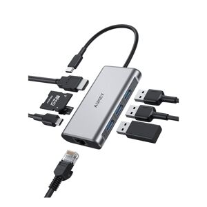 AUKEY CB-C91 8 in 1 USB C Hub mit 4K HDMI, Gigabit Ethernet Port Silber, 1 USB Power Delivery-Ladeanschluss und SD & Micro SD Kartensteckplätze.