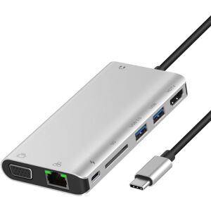 Onten 9591BD 8 in 1 USB-C / Type-C to PD USB-C / Type-C Charging + Gigabit Ethernet + Dual USB 3.0 + HDMI + VGA + SD Card Slot + 3.5mm AUX HUB(Silver)