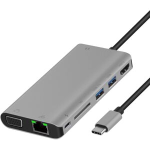 Onten 9591BD 8 in 1 USB-C / Type-C to PD USB-C / Type-C Charging + 100M Ethernet Port + Dual USB 3.0 + HDMI + VGA + SD Card Slot + 3.5mm AUX HUB (Grey