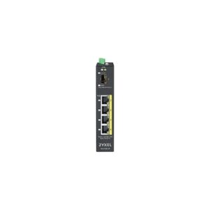 ZyXEL Communications Zyxel RGS100-5P - Switch - ikke administreret - 4 x 10/100/1000 (PoE+) + 1 x Fast Ethernet/Gigabit SFP - monterbar på stativ, DIN monterbar på skinne - PoE+ (120 W) - DC strøm