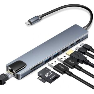 INF 8 port USB-C hub med USB, UBC PD, HDMI, RJ45, hukommelseskort Grå