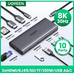 UGREEN DUAL HDMI USB HUB 8K HDMI adaptateur 10 en 1 separateur avec RJ45 USB 3.0 PD 100W Dock pour