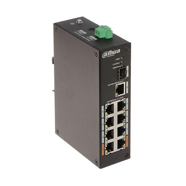 dahua pfs3110-8et-96 switch di rete industriale 6 porte poe + 2 porta hi-poe + 1 porta sfp + 1 porta uplink base-t 1000mbps guida din