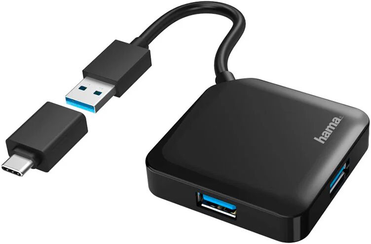 Hama Hub USB 3.0 da tavolo, 4 porte, cavo integrato con adattatore Type C,nero