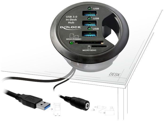 Delock Hub USB 3.0 3 porte + 2 slot SD In-Desk Diametro 6 cm