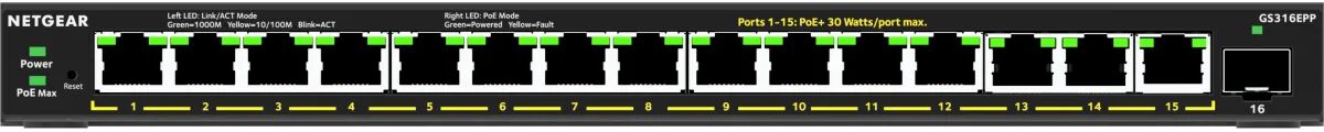 Netgear Switch di rete  16-Port High-Power PoE+ Gigabit Ethernet Plus (231W) with 1 SFP port (GS316EPP) Gestito (10/100/1000) Supporto Power over (PoE) Nero [GS316EPP-100PES]