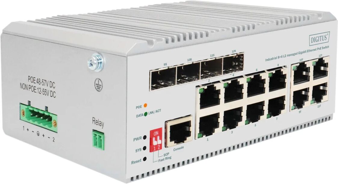 Digitus Switch di rete  PoE Gigabit Ethernet a 8 porte, industriale, gestito L2, 4 Uplink SFP [DN-651139]