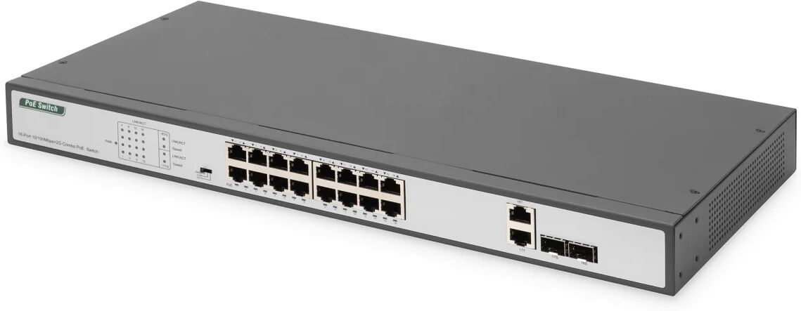 Digitus Switch di rete  16 Port Fast Ethernet PoE Switch, 19 Inch, Unmanaged, 2 Uplinks [DN-95342-1]