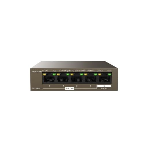 TENDA IP-COM G1105PD.Switch 30W 4 porte PoE OUT 10/100/1000 Mbps e una porta PoE IN 10/100/1000 Mbps.