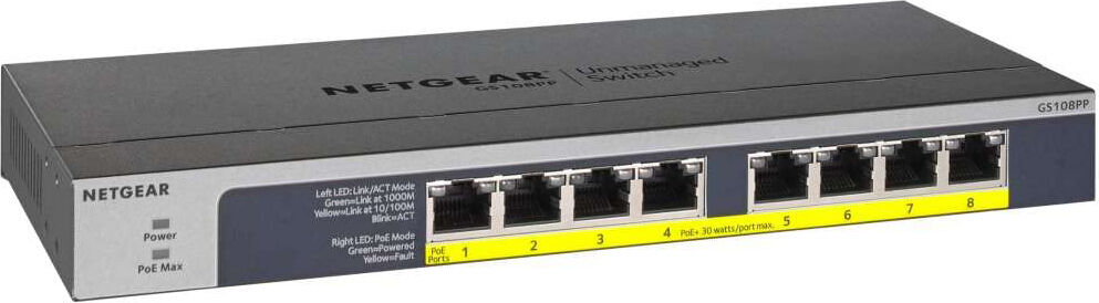 netgear gs108pp-100eus switch 8 porte gigabit ethernet non gestito poe - gs108pp-100eus