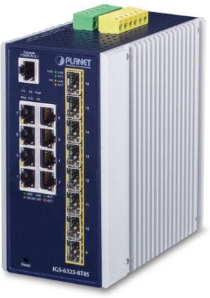 PLANET IP30 Industrial L3 8-Port Gestito Gigabit Ethernet (10/100/1000) Blu, Bianco (IGS-6325-8T8S)