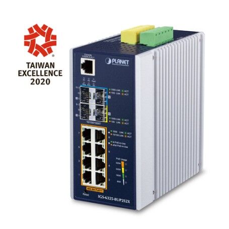 PLANET IP30 DIN-rail Industrial L3 8P Gestito Gigabit Ethernet (10/100/1000) Alluminio, Blu (IGS-6325-8UP2S2X)