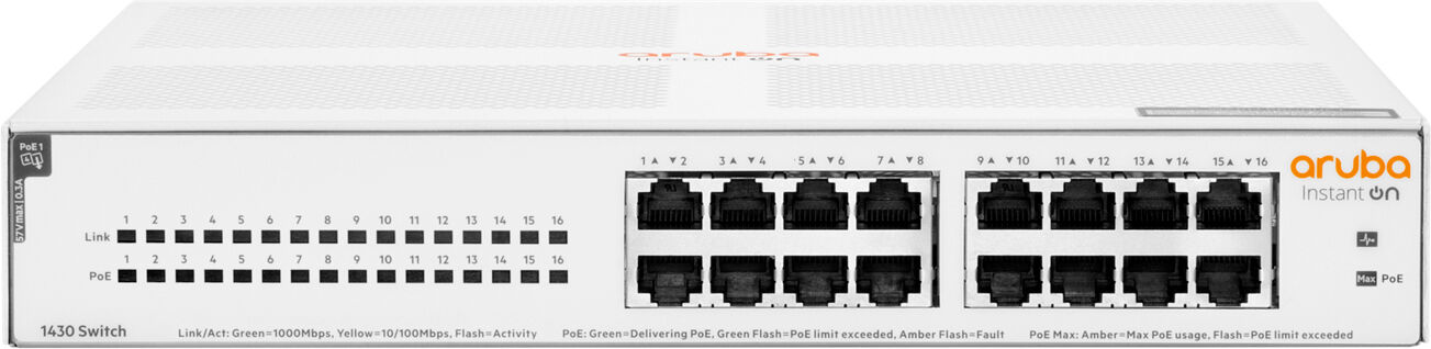 HP Switch di rete Aruba Instant On 1430 16G Class4 PoE 124W Non gestito L2 Gigabit Ethernet (10/100/1000) Supporto Power over (PoE) 1U Bianco [R8R48A#ABB]