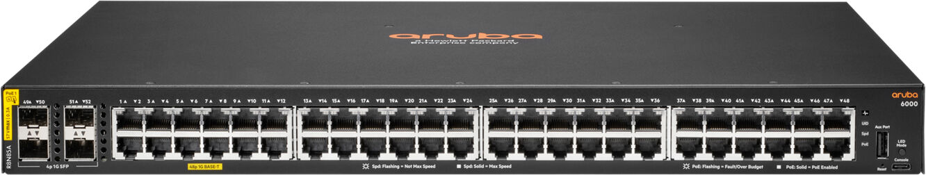 HP Switch di rete Aruba 6000 48G Class4 PoE 4SFP 370W Gestito L3 Gigabit Ethernet (10/100/1000) Supporto Power over (PoE) 1U [R8N85A#ABB]