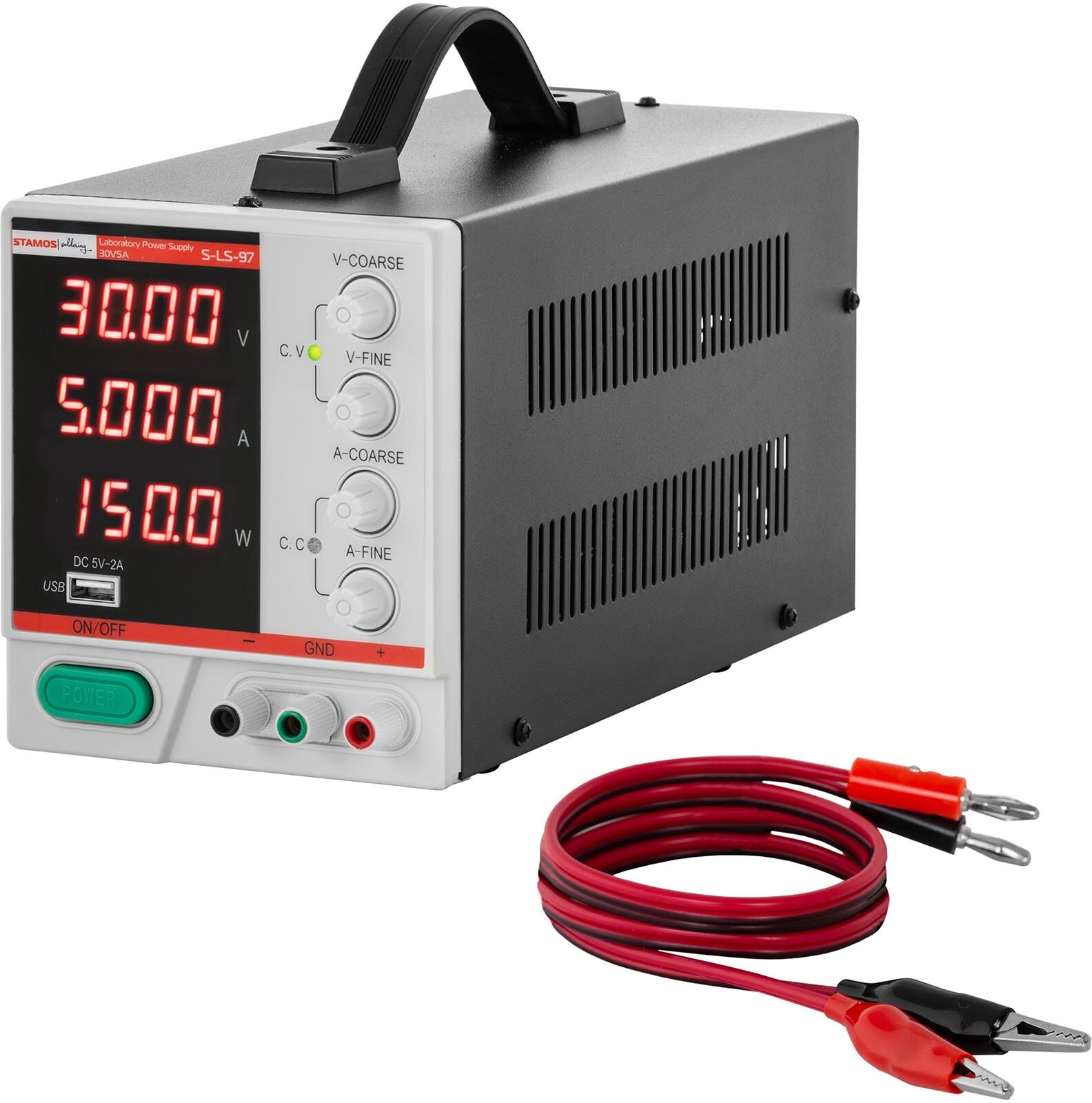 Stamos Soldering Zasilacz laboratoryjny - 0-30 V - 0-5 A DC - 150 W - 4-cyfrowy wyświetlacz LED - USB S-LS-97