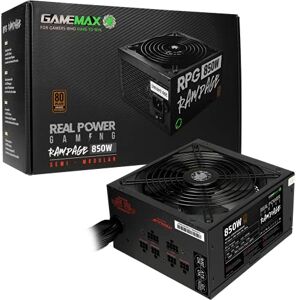 GameMax 850W Rampage Power Supply, Semi-Modular, APFC, Japanese Tk Main Capacitor, 80 Plus Bronze, 88% Efficiency, 14cm Cooling Fan, Real Power Gaming Black