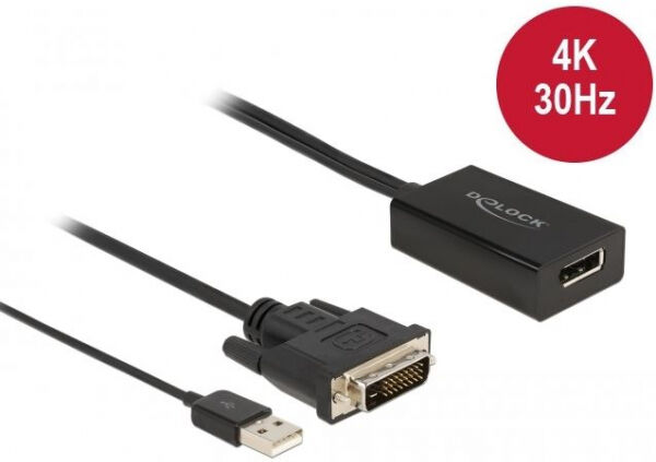 DeLock 63189 - Adapter DVI Stecker zu DisplayPort 1.2 Buchse schwarz 4K mit HDR Funktion 50 cm