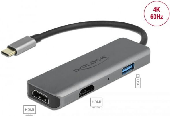 DeLock 87780 - USB Type-C zu Dual HDMI Adapter mit 4K 60 Hz und USB Port